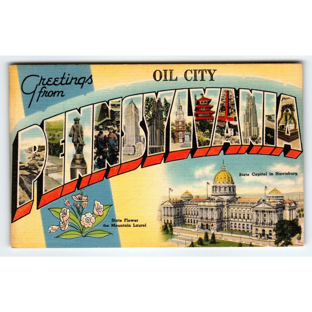 Vintage Pennsylvania Oil City Greetings Linen Postcard State Capitol